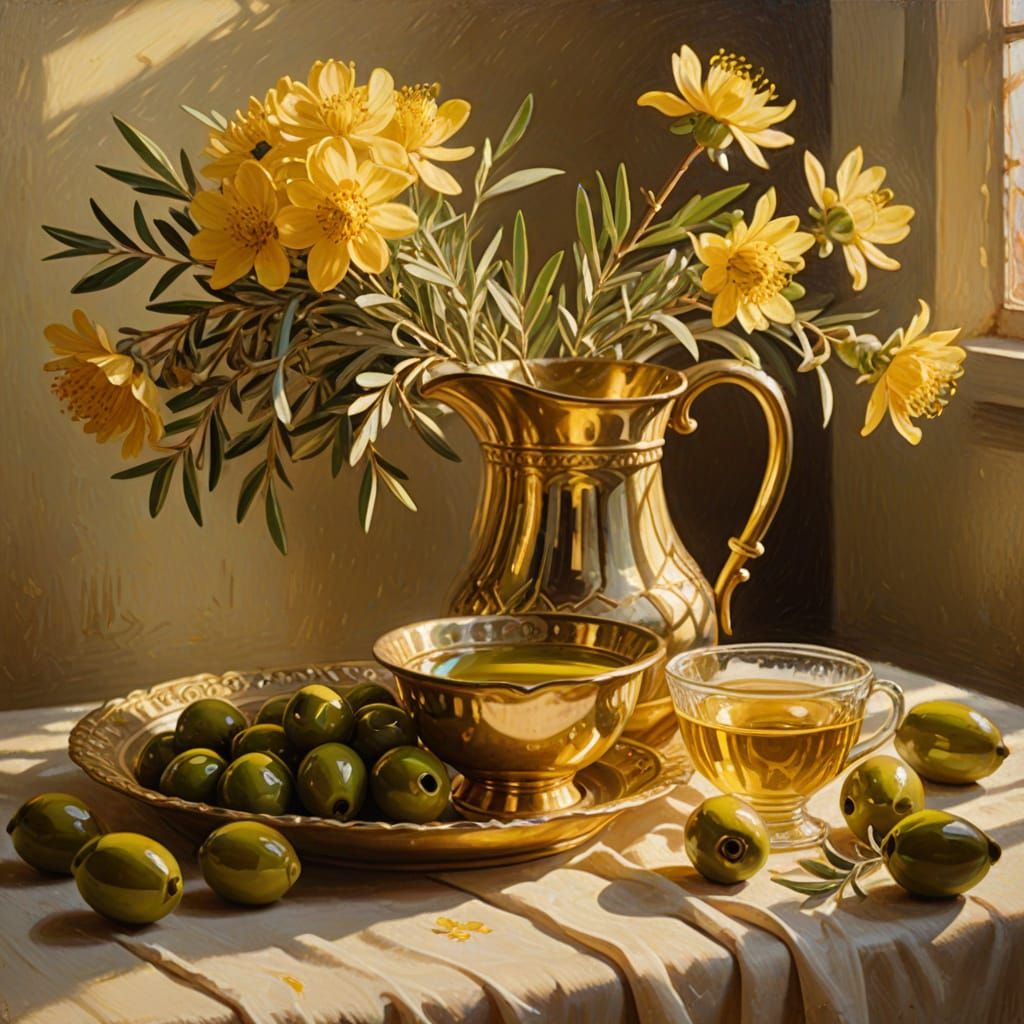 Golden Olive Oil Still Life: Impressionist Painting