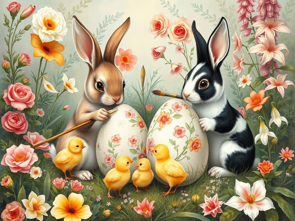 Bunnies and Chicks Painting Easter Eggs in Gouache Style