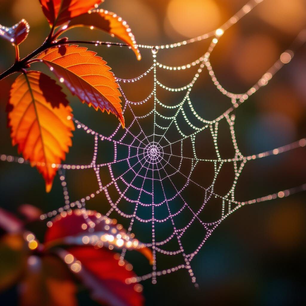 Dew-Covered Spiderweb Among Autumn Leaves