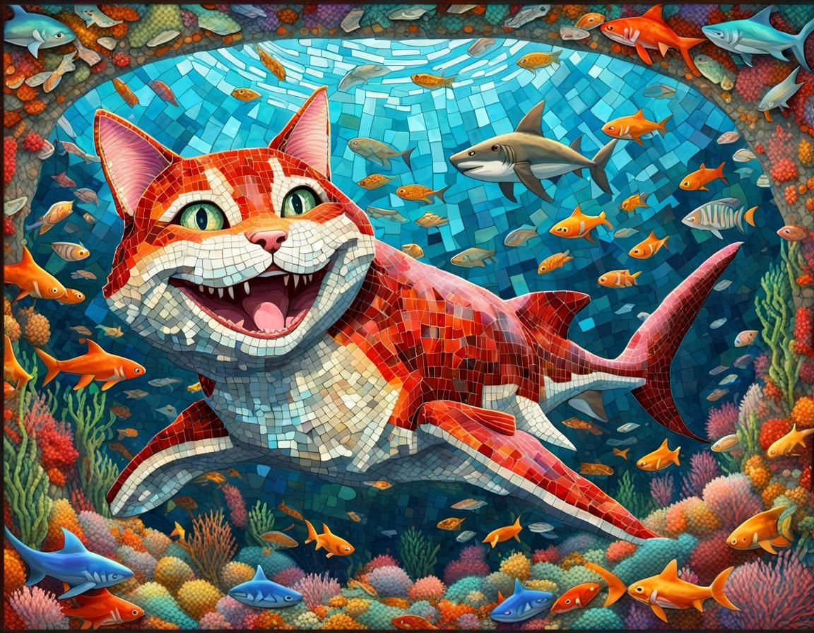 Mosaic Cat and Shark Underwater in Candy Art Style