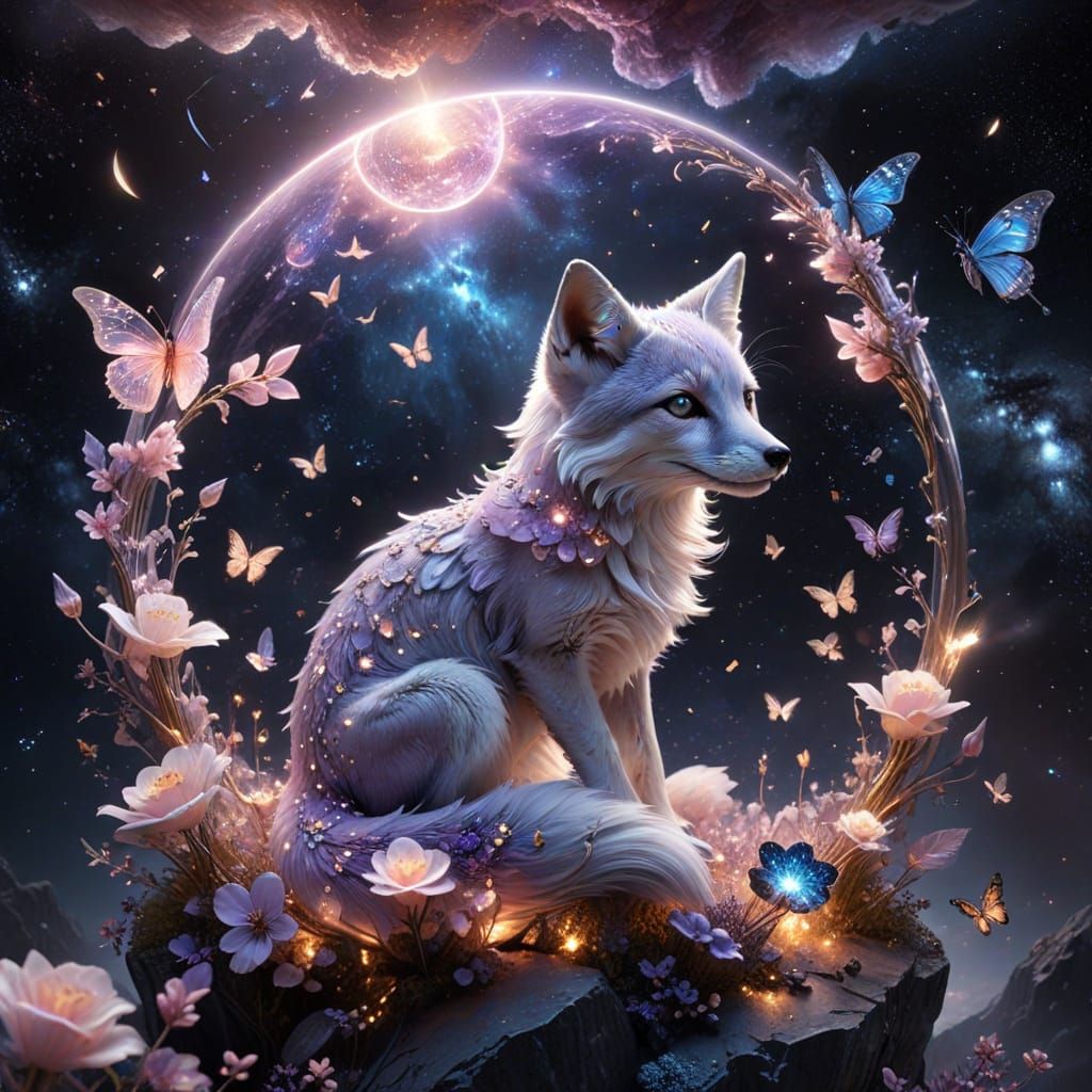 Celestial Garden in Space with Crystal Flowers