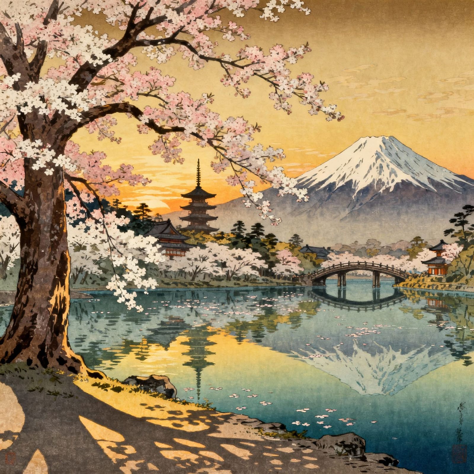 Ancient Sakura Tree by Lake, Japanese Temples & Mountains