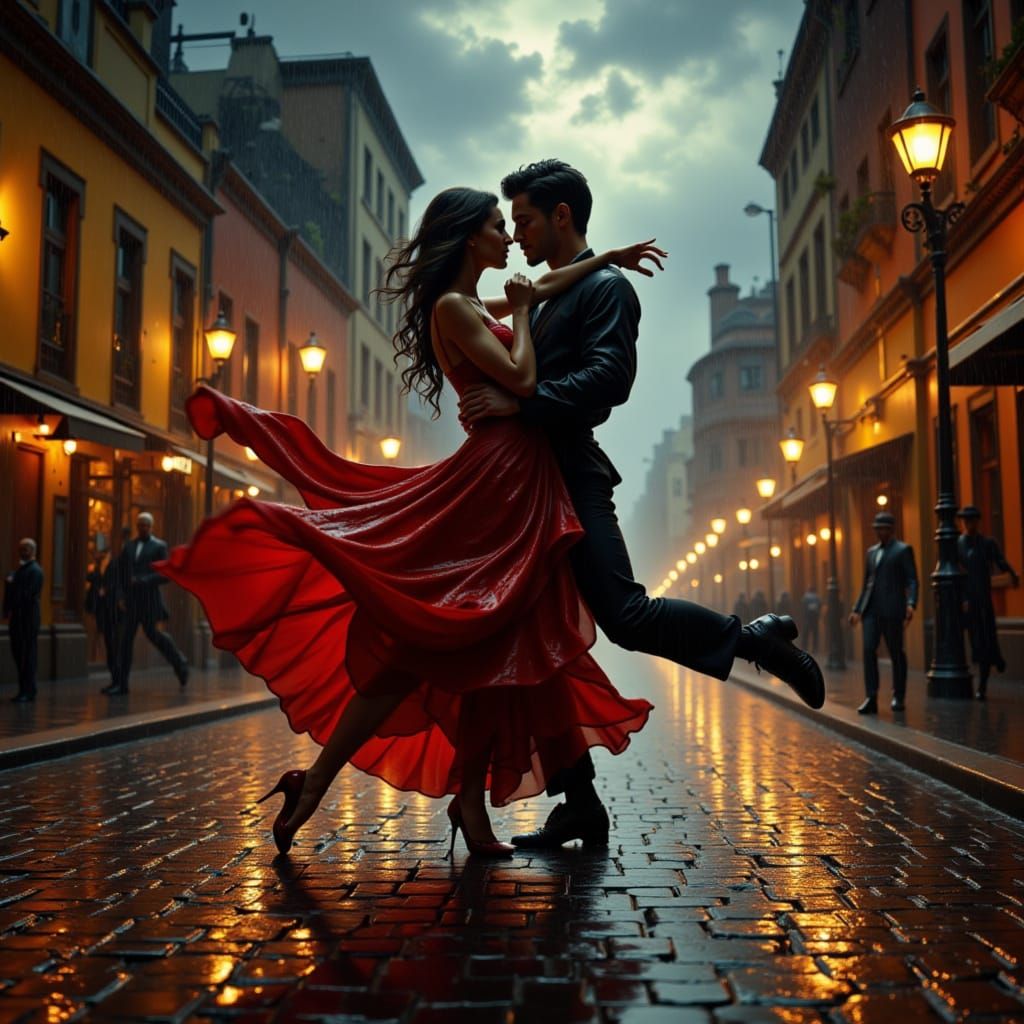 Passionate Tango Dance in Rainy City