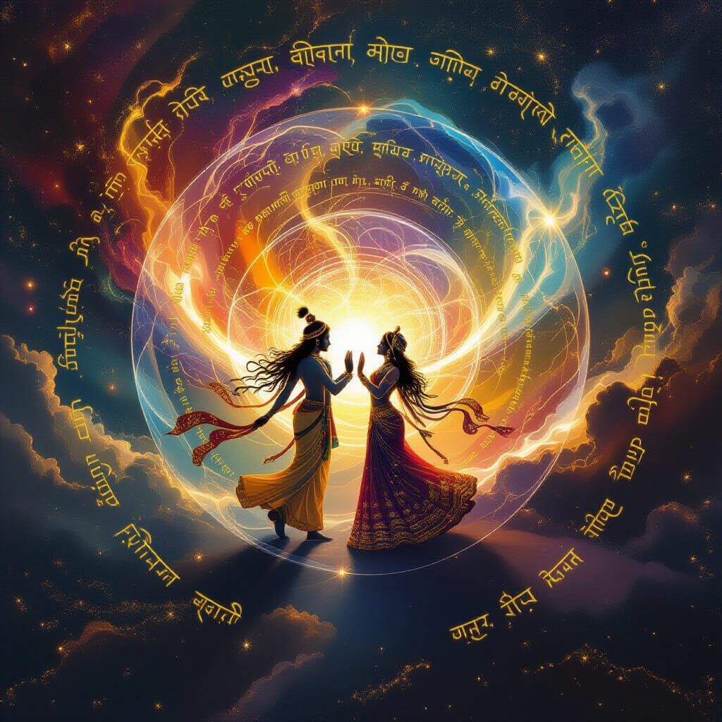 Radha Krishna Cosmic Union in Abstract Expressionist Style