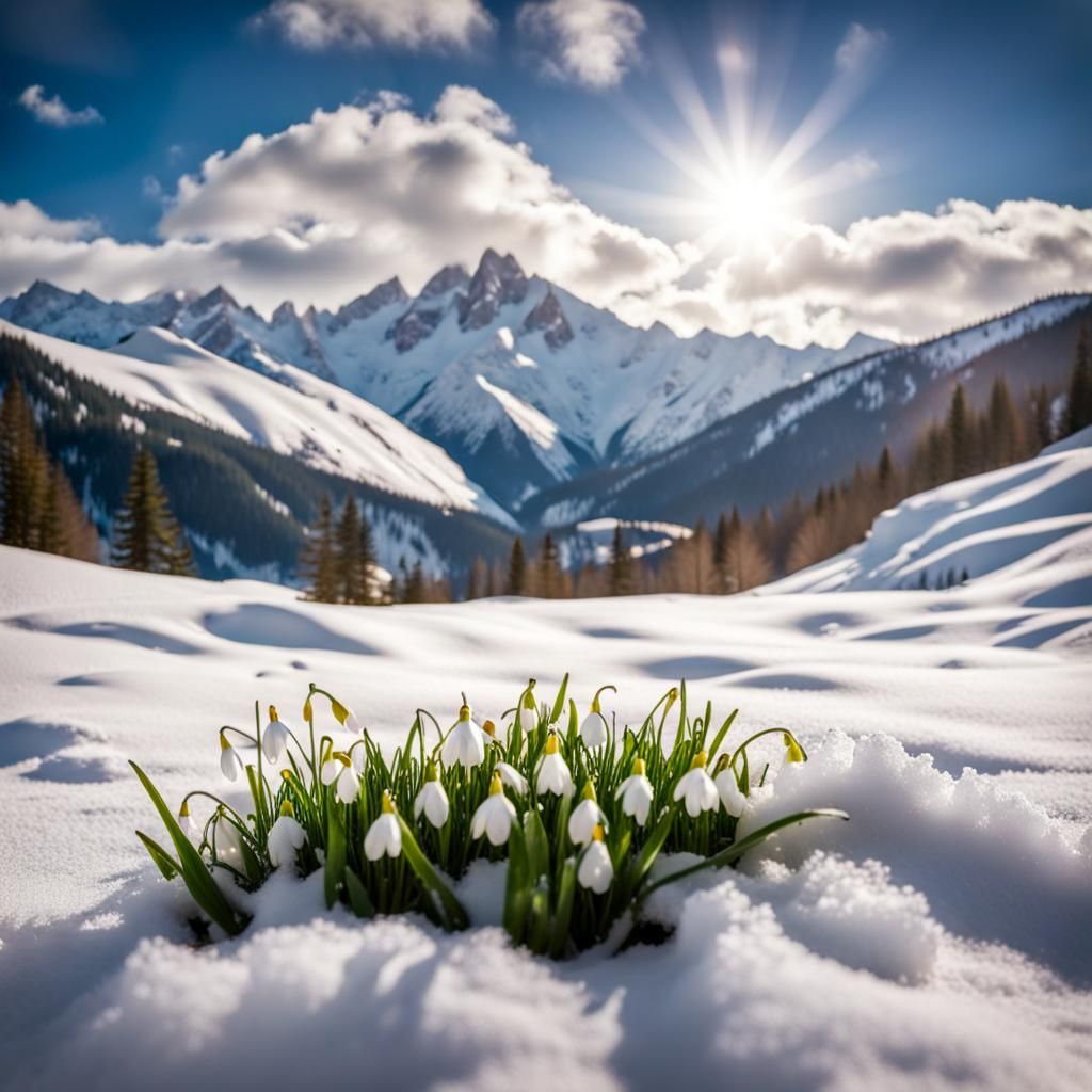 Snowdrop Blooms in Mountain Meadow Under Sunny Sky