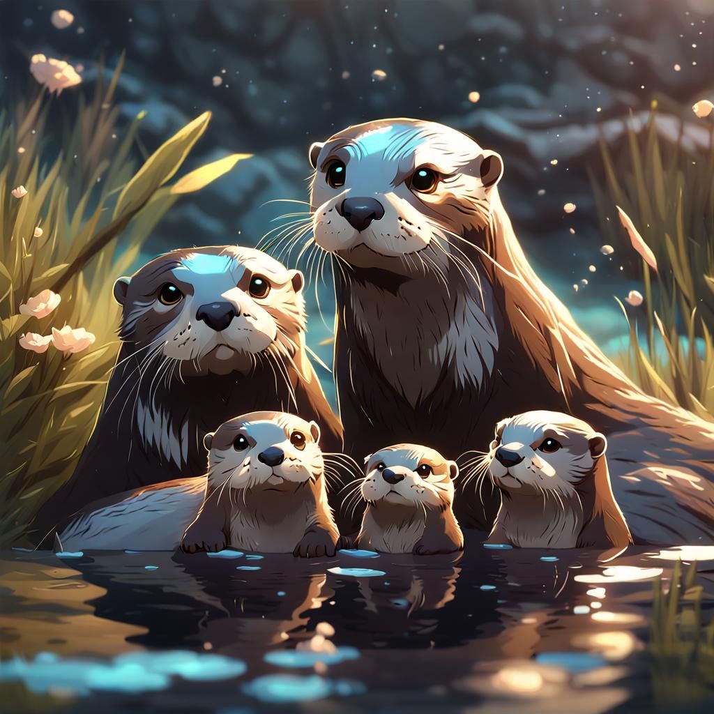 Otter Family in Detailed 3D Anime Art