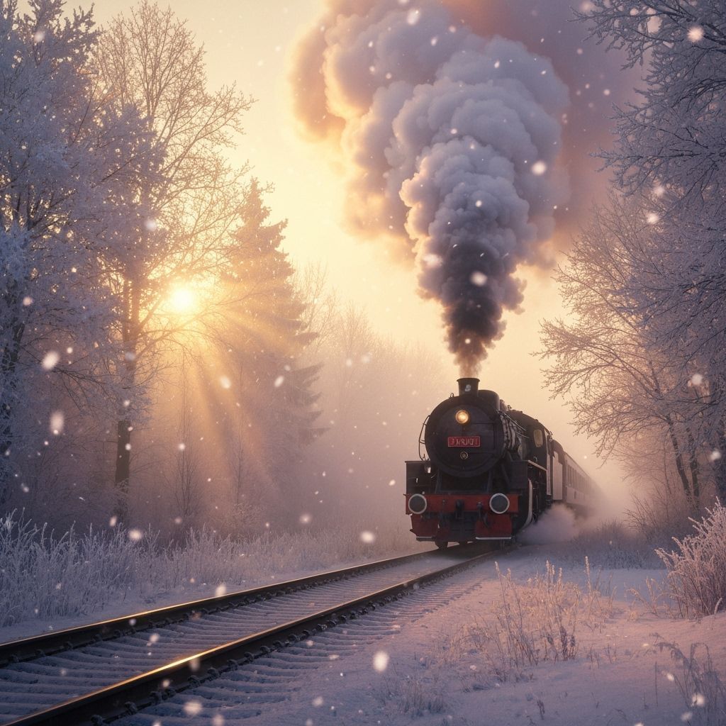 Ethereal Winter Fog Sunset Train Journey