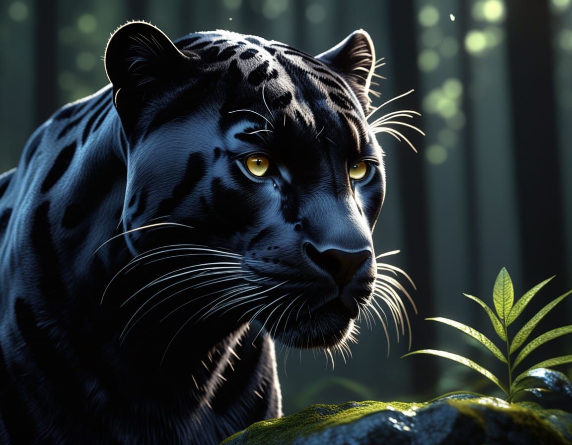 Black Panther With Geode Head in Dark Fantasy Forest