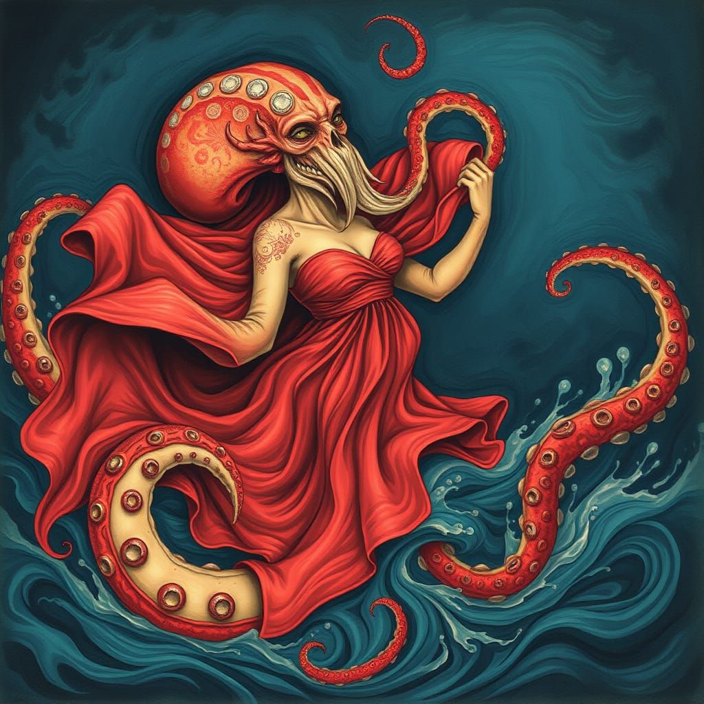 Kraken in Red Dress: Grotesque Gouache Illustration