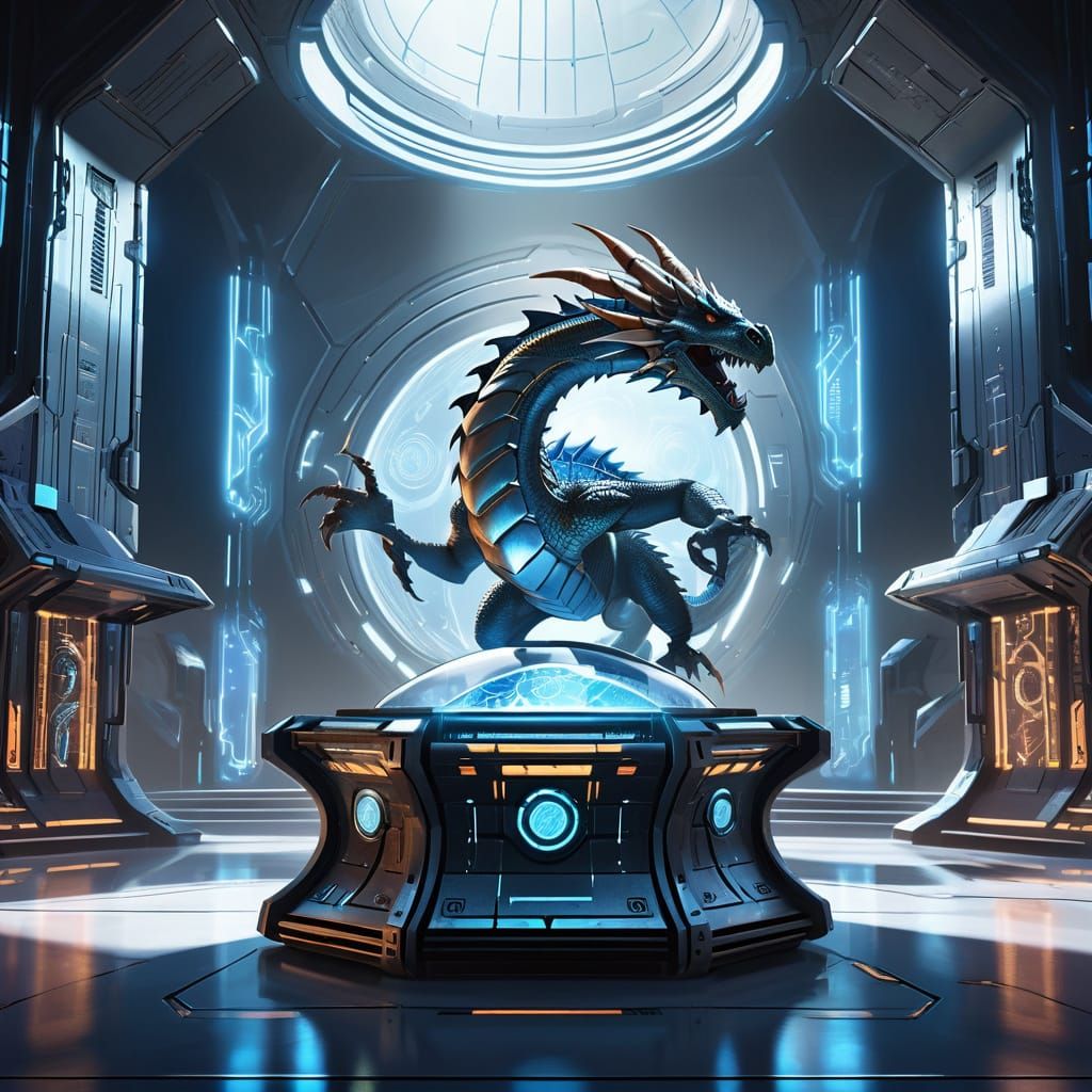 Holographic Dragon Guarding Futuristic Treasure Vault