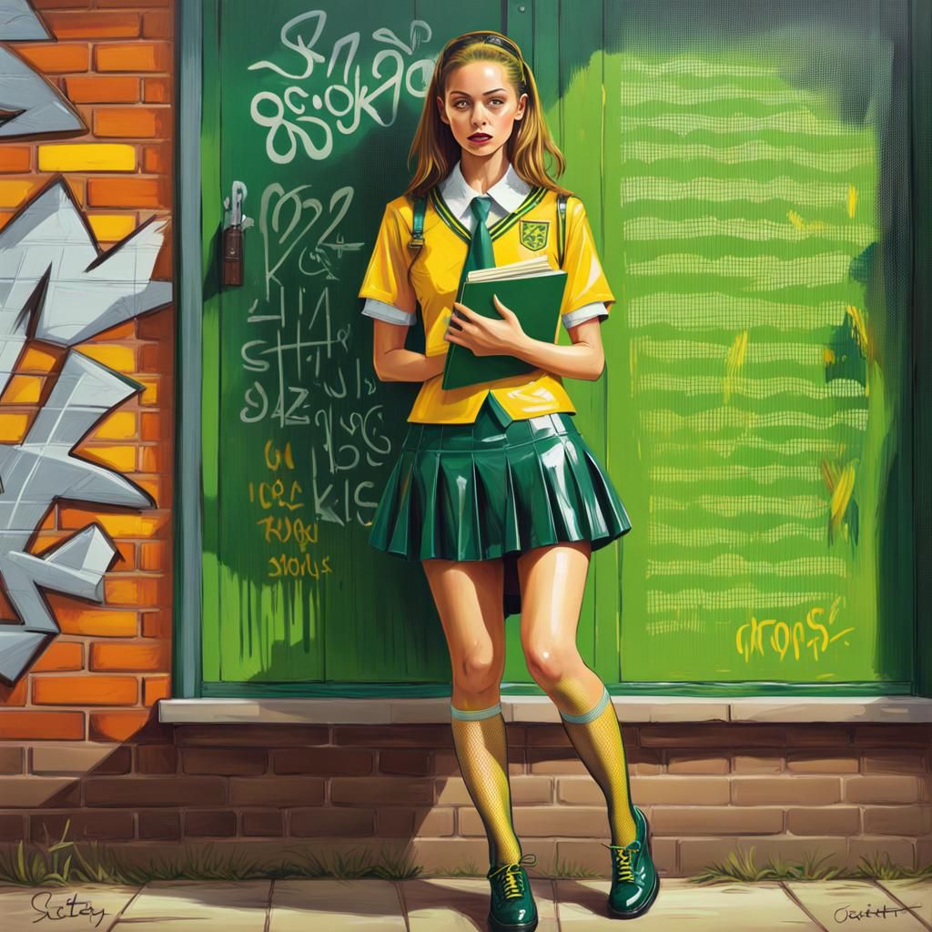 Playful Woman in Latex School Uniform