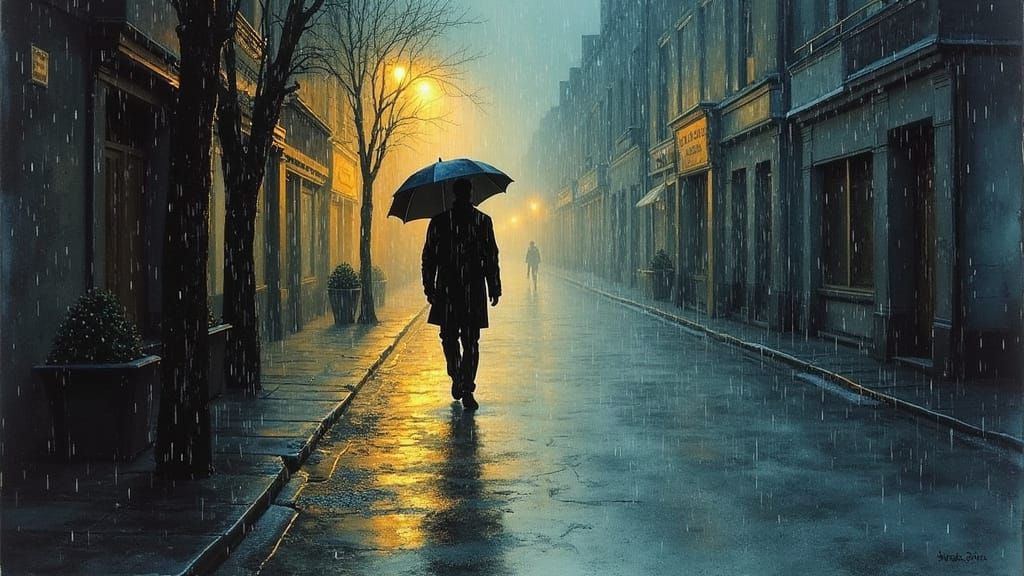 Man Walks Rainy Street at Night in Astral Expressionist Styl...