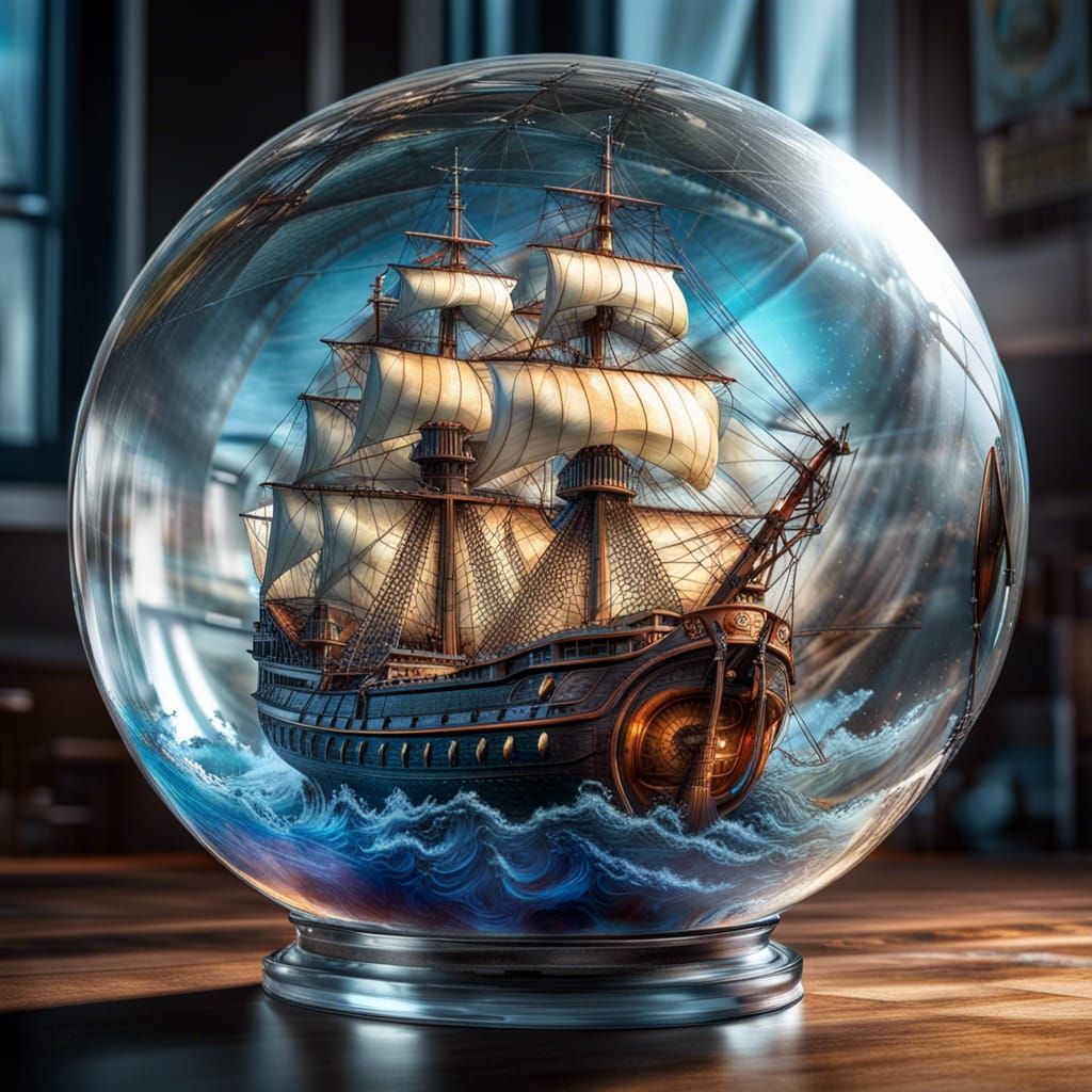 Man-of-War Ship Inside Glass Sphere: Hyperrealistic Art