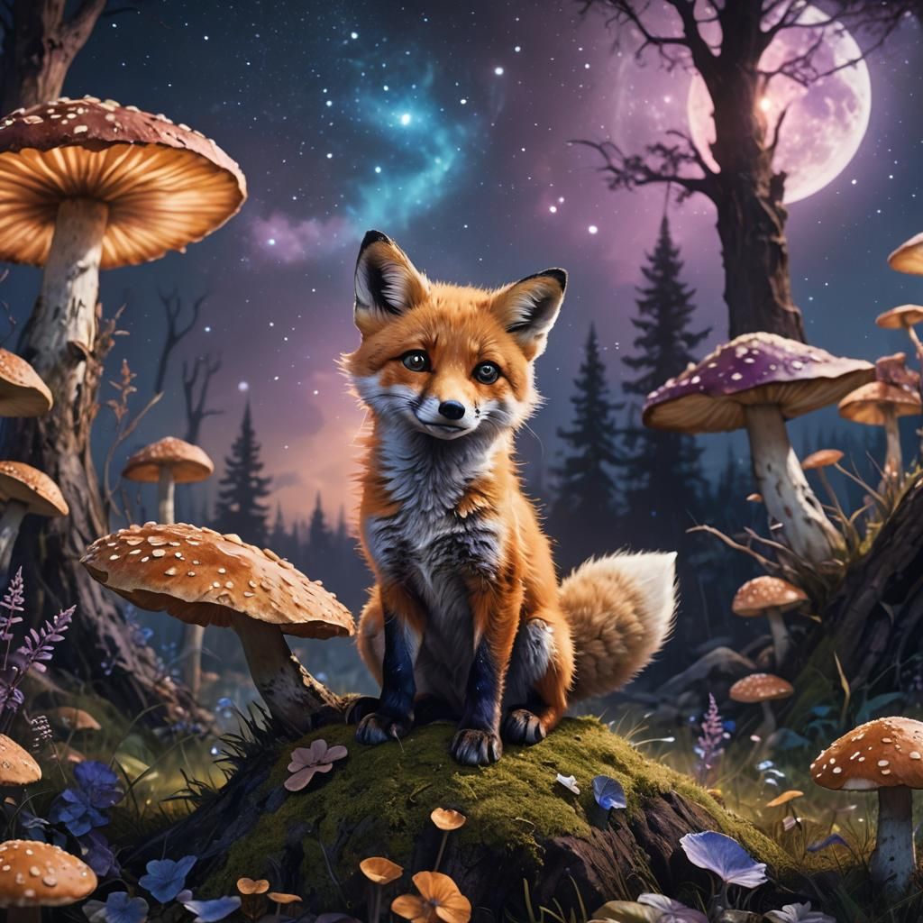 Cute Baby Fox on Mushroom: Fantasy Art
