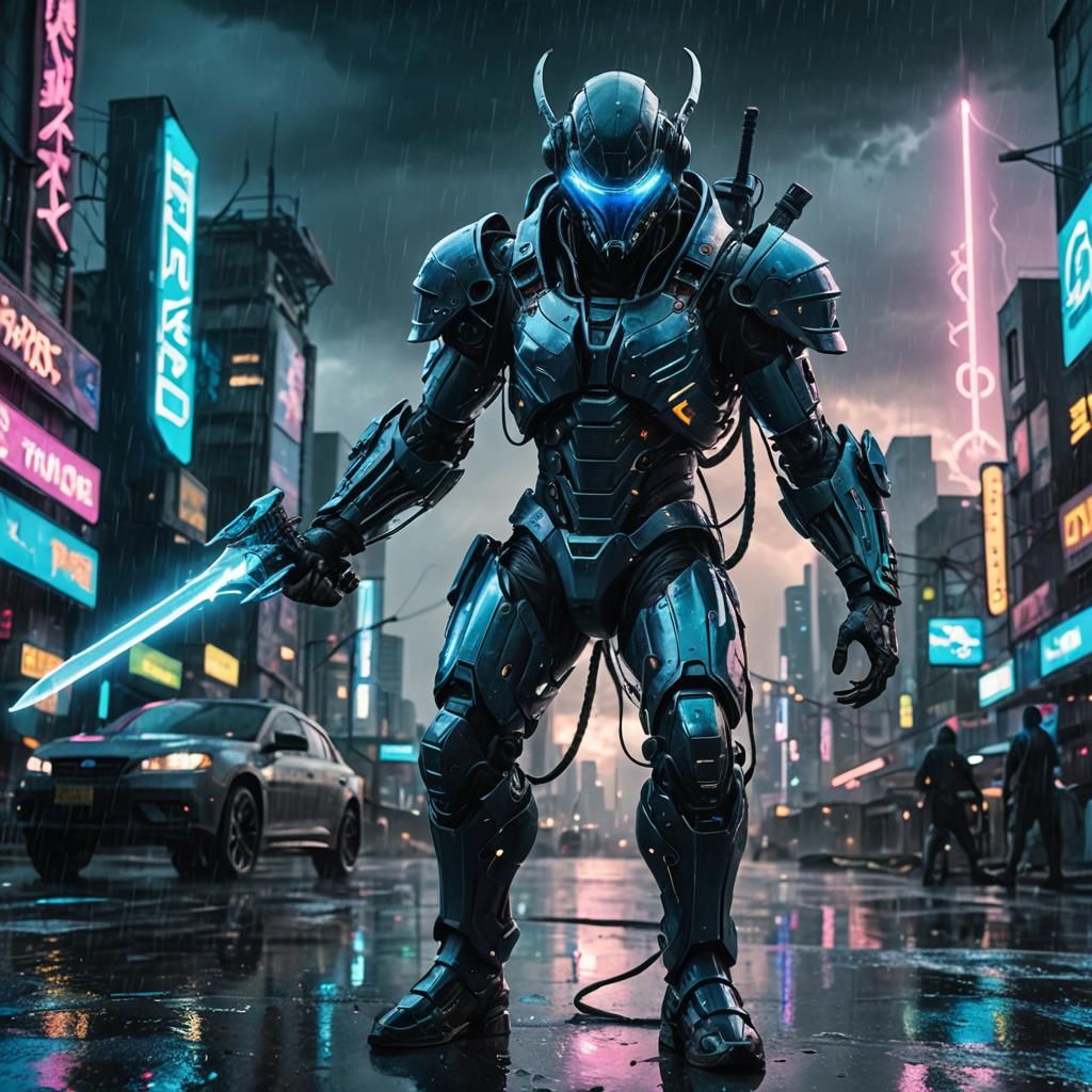 Cyberpunk Mouse Archer in Stormy Future Battle Scene