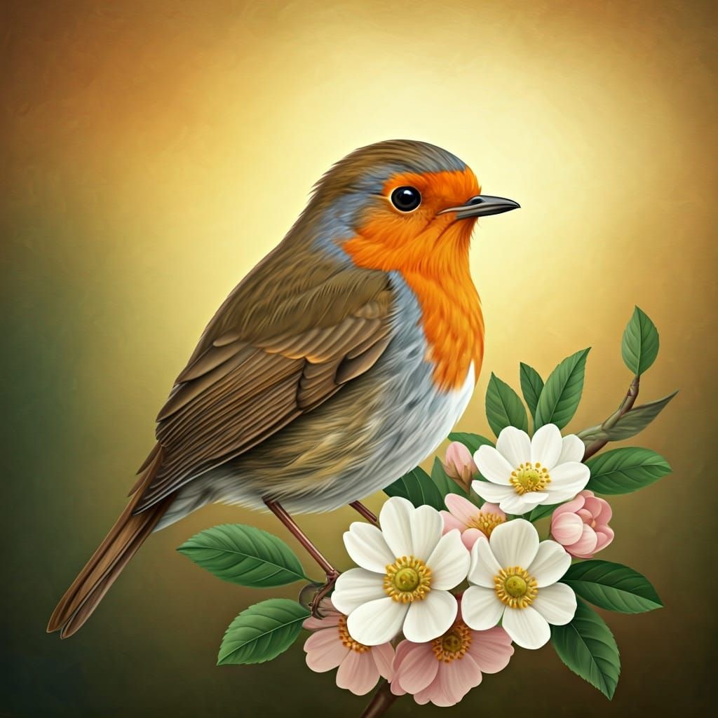 Robin on Floral Branch in Vintage Style
