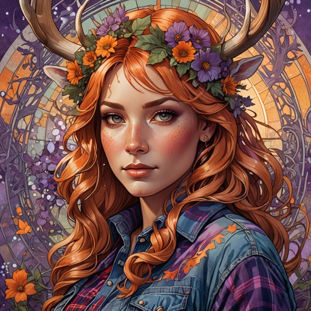 Curvy Woman with Antlers and Rabbit Ears, Art Nouveau Style