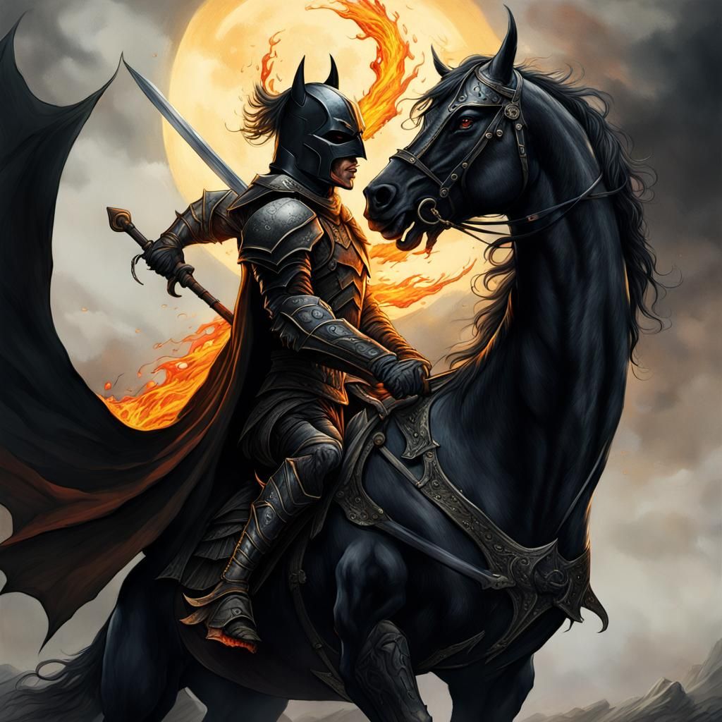 Dark Knight with Flaming Blade Riding a Dark Horse in Hyper-...