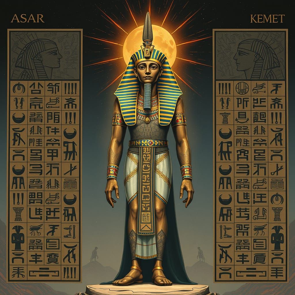 Pharaoh Between Hieroglyphs in Dreamlike Digital Art Style