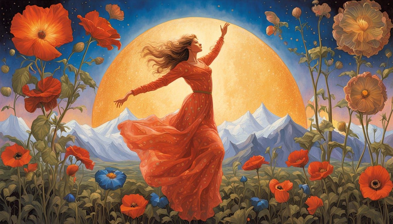 Surreal Woman Flying Over Mountains in Wildflower Field