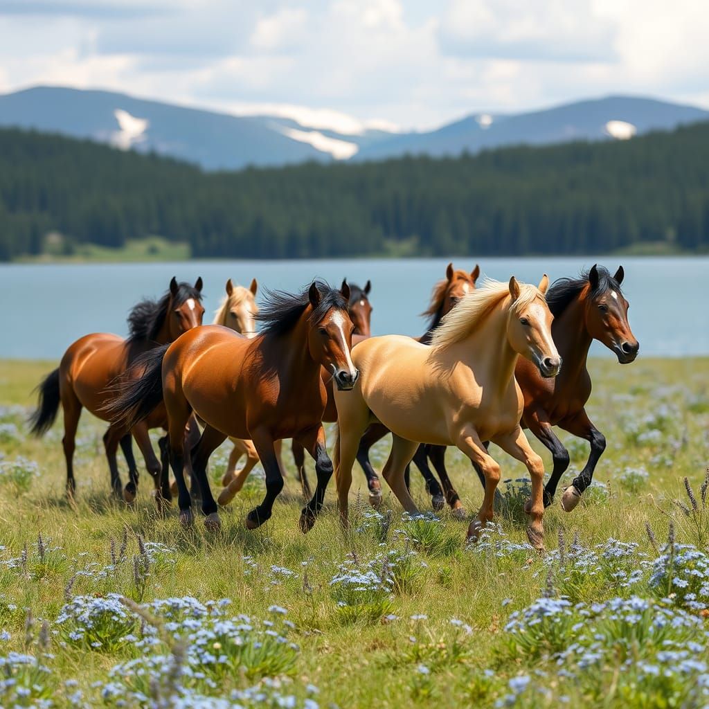 Mustangs Galloping Through a Meadow of Blue Flowers