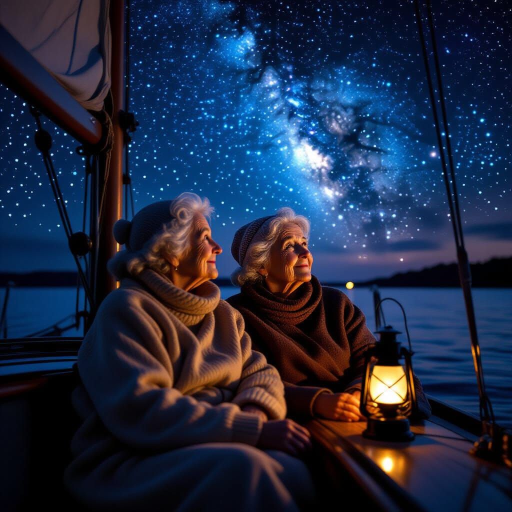 Elderly Women Stargazing on a Sailboat