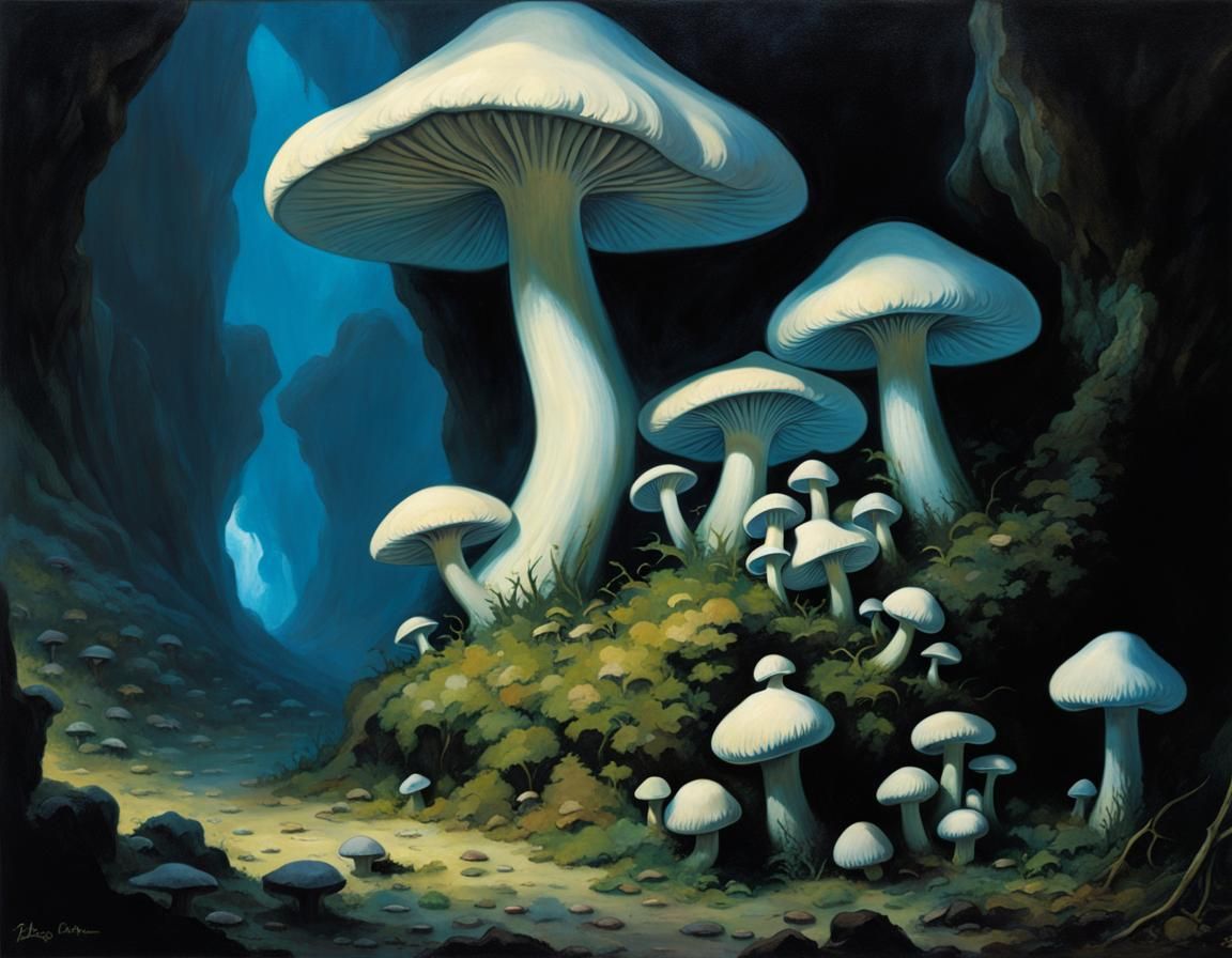 Glowing Mushrooms in Dark Fantasy Cave