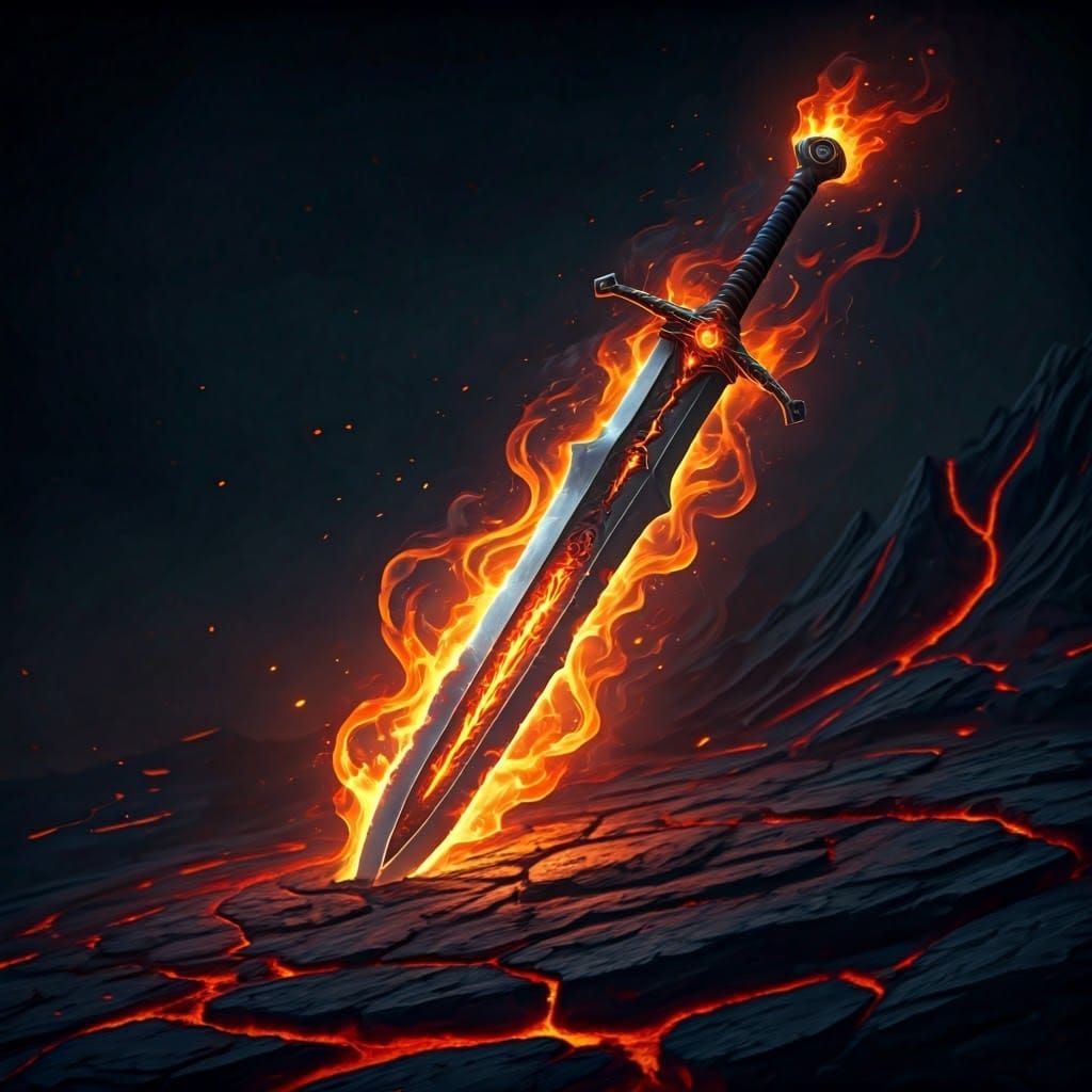 Mythical Fire Sword on Volcanic Stone