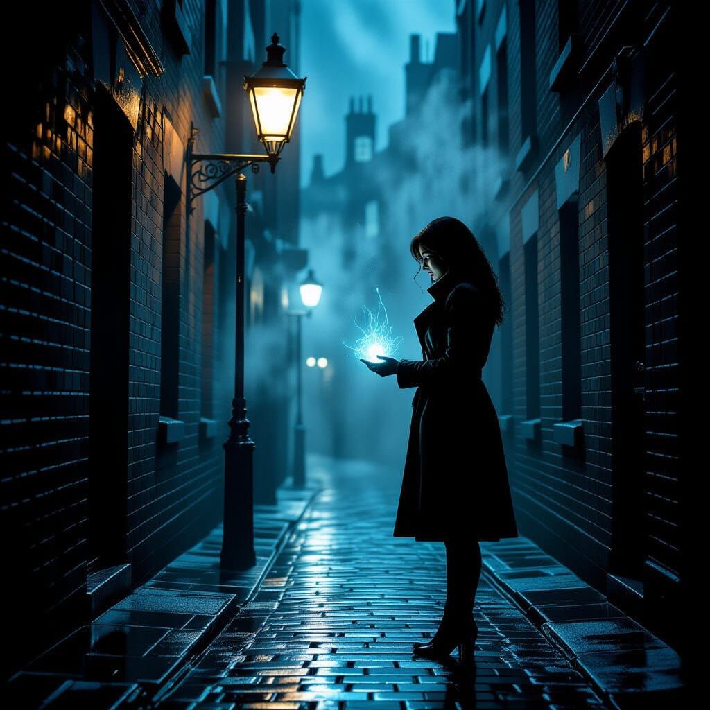 Female Detective in Foggy London Alleyway, Futuristic Psyche...