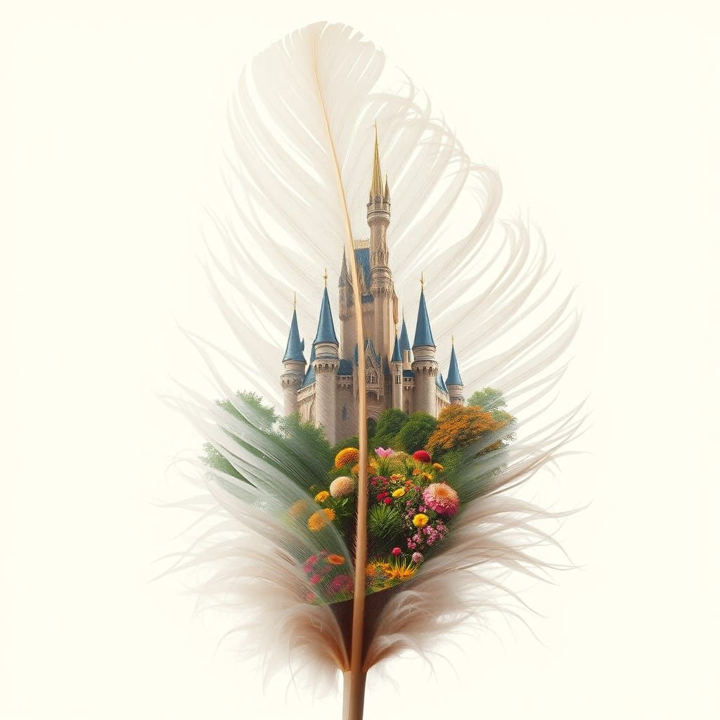 Dreamlike Hyperrealistic Castle Scene in a Delicate Feather