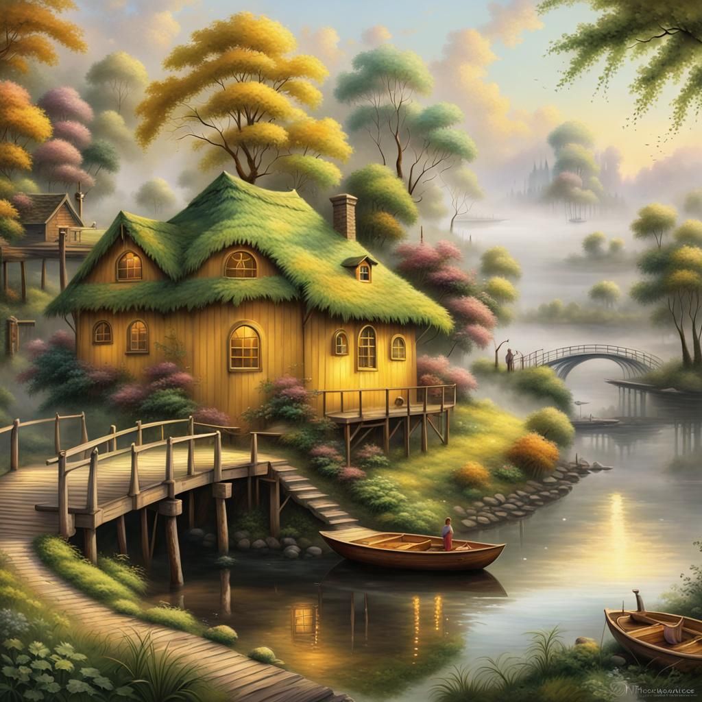 A yellow wooden hut with a round shape of roof deco with green leaf at a riverside, a brown wooden bridge to the hut, s...