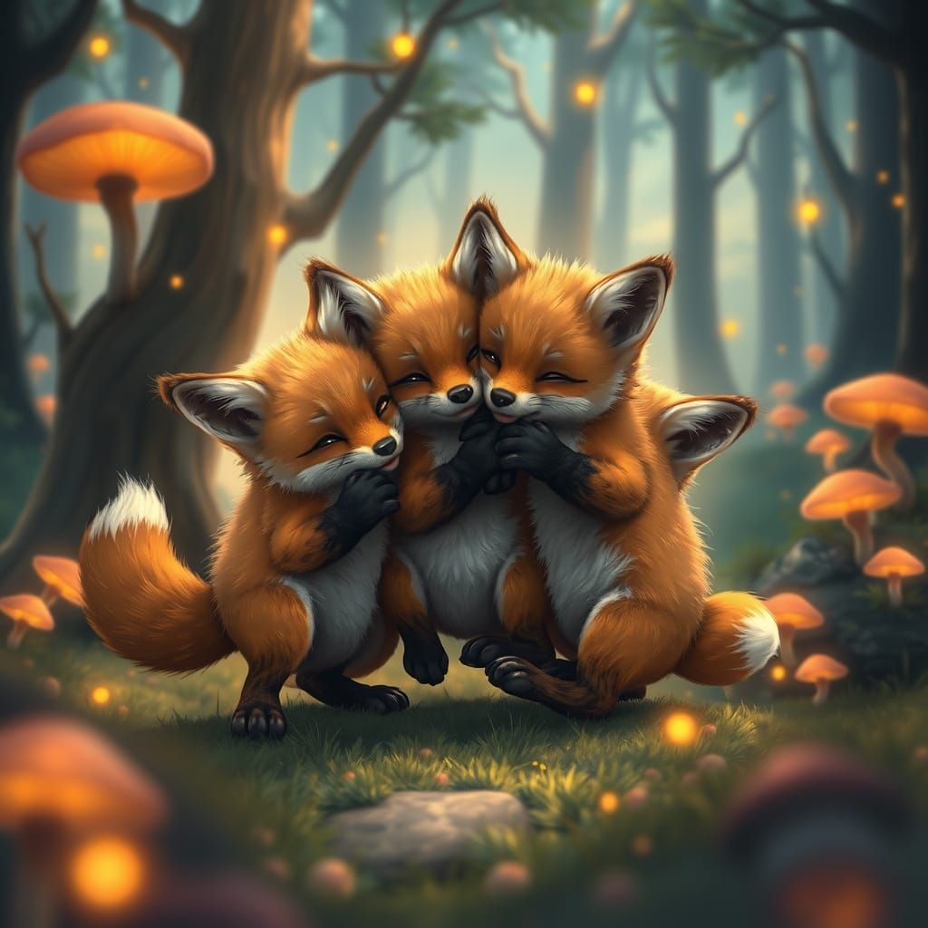 Whimsical Fox Cubs in Joyful Tumble