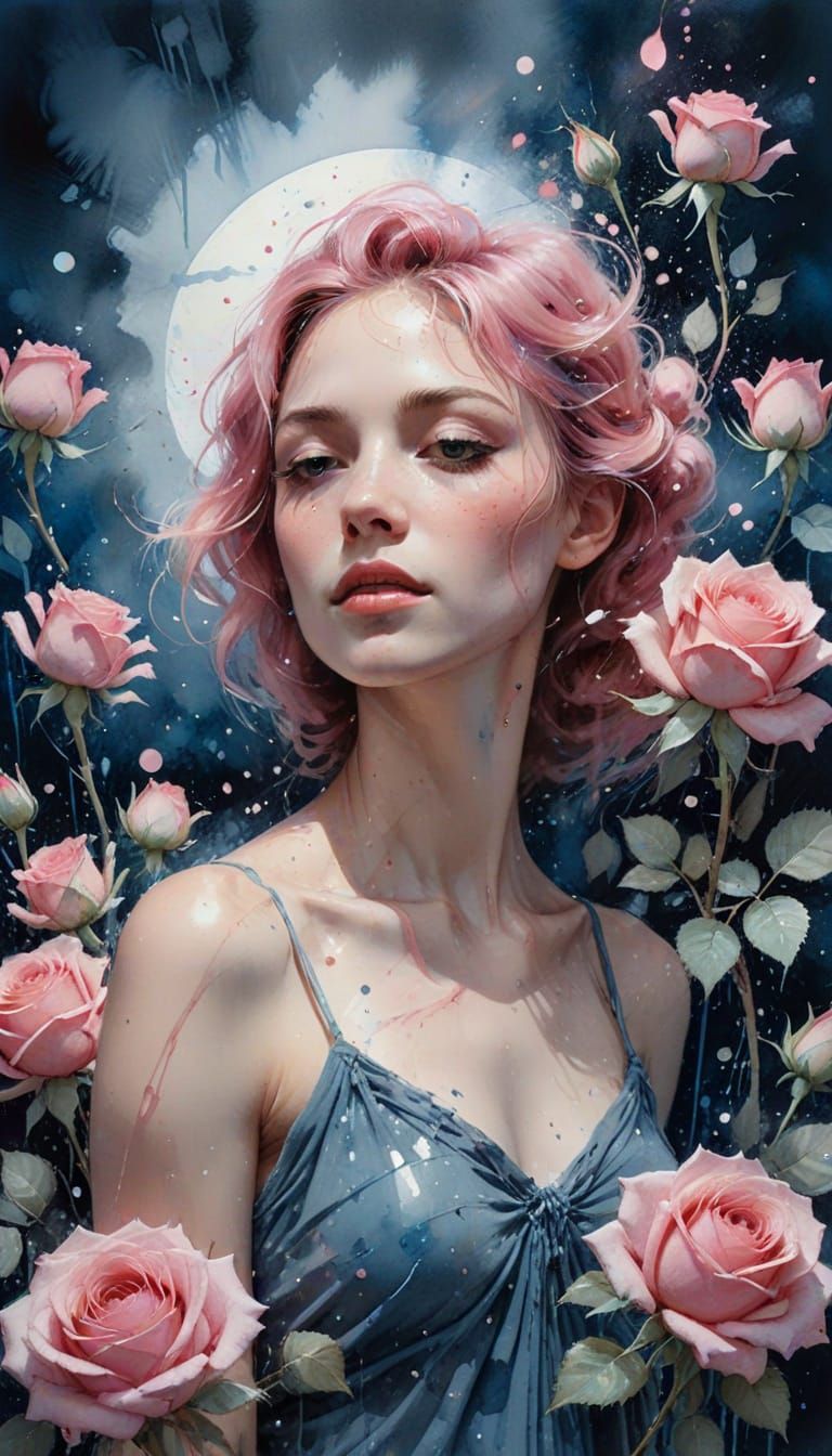 Ethereal Woman in Roses: Watercolor and Moonlight