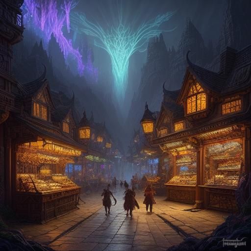 Underground Fantasy City with Dragons and Dragon Slayers