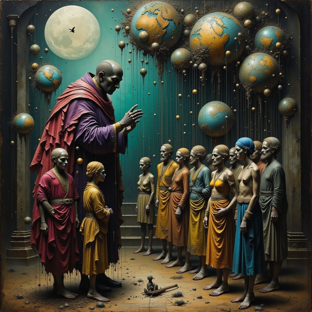 Shadow Puppeteer Controls World Figures in Surrealist Master...