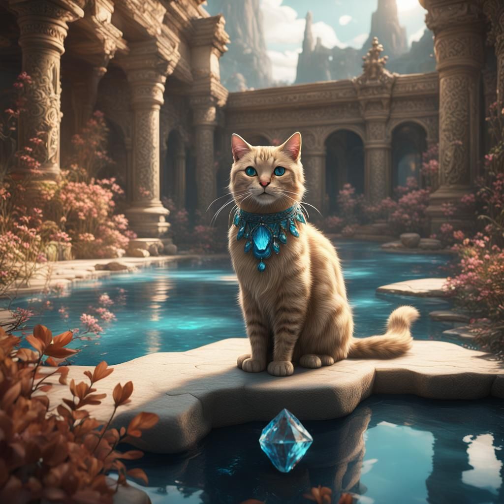 Beige Cat Beside Crystal Pool: Digital Painting