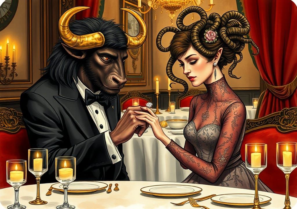 Minotaur Proposes to Medusa in Restaurant
