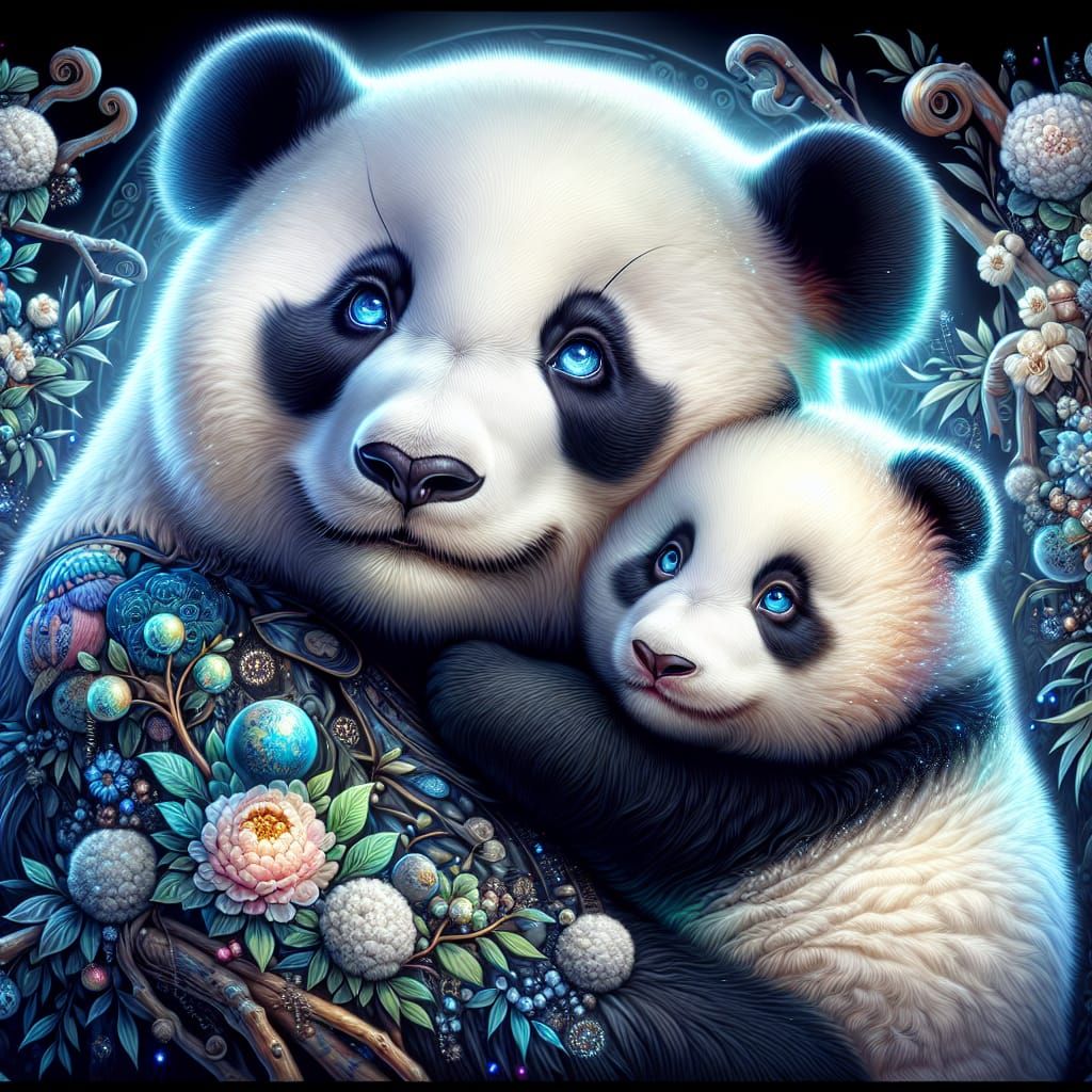 Loving Mother Panda Sheltering Baby: Art Nouveau Style