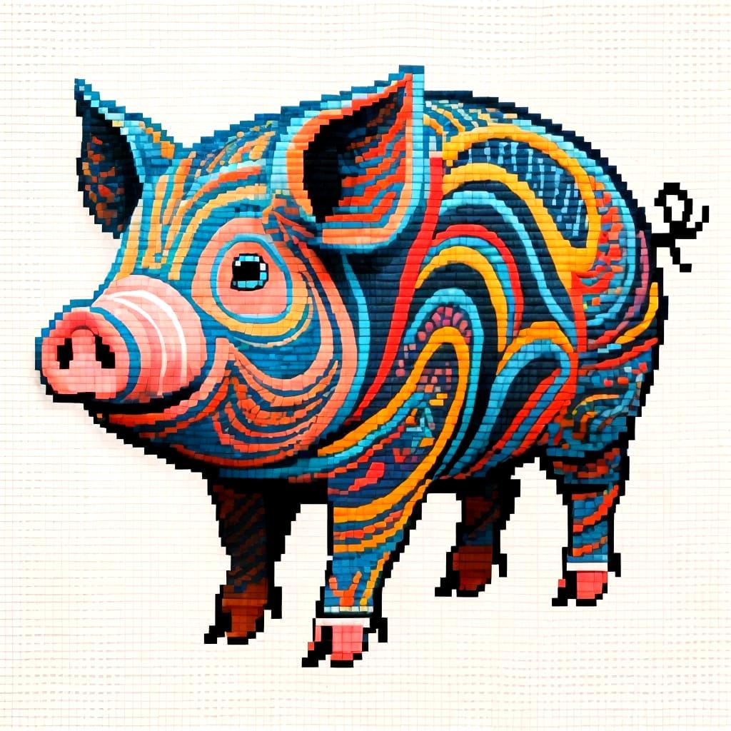 Artisanal Needlepoint Pig in Abstract Fractal Style