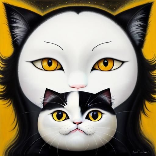 Surreal Sun Face Gazes Upon a Black Kitten