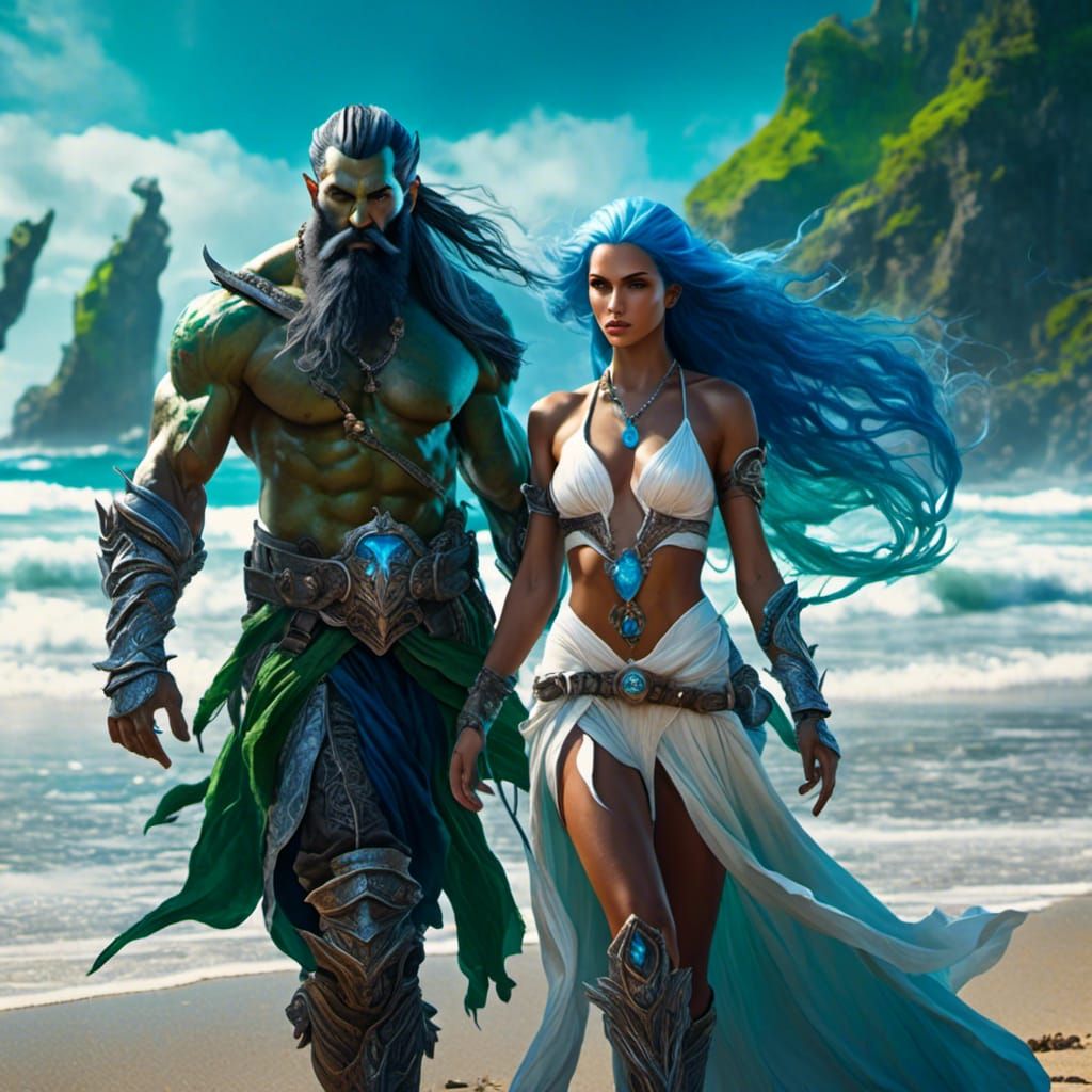 Elf Sorceress and Orc Warrior on a Beach