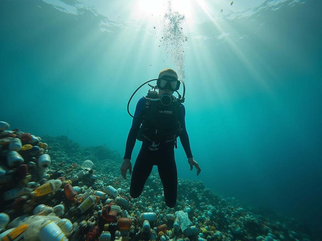 Young Diver Surrounded by Ocean Pollution in Hauntingly Beau...