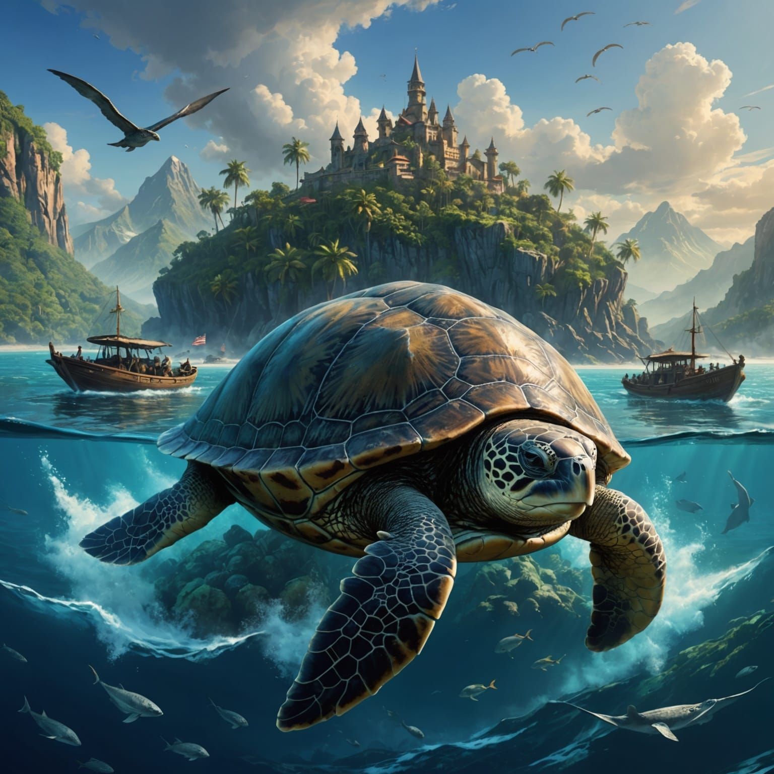 Fantastical Turtle Island: Elephants Atop a Sea Turtle