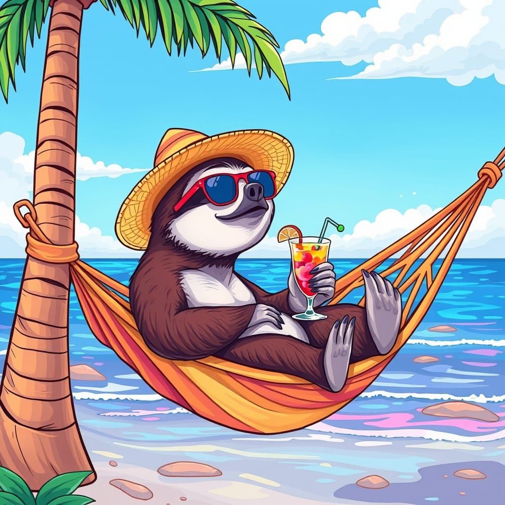 Chill Sloth on Hammock Seaside Vacation