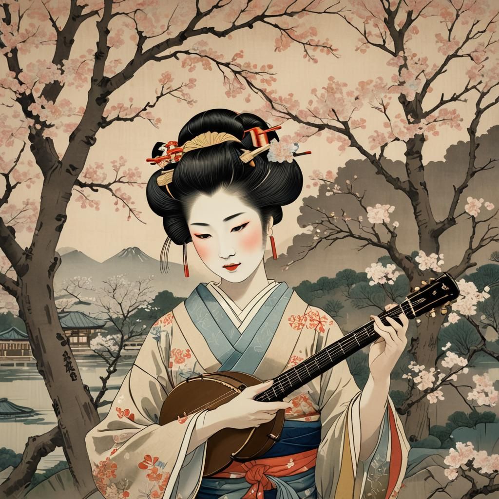 Geisha Plays Banjo in Ukiyo-e Woodblock Style