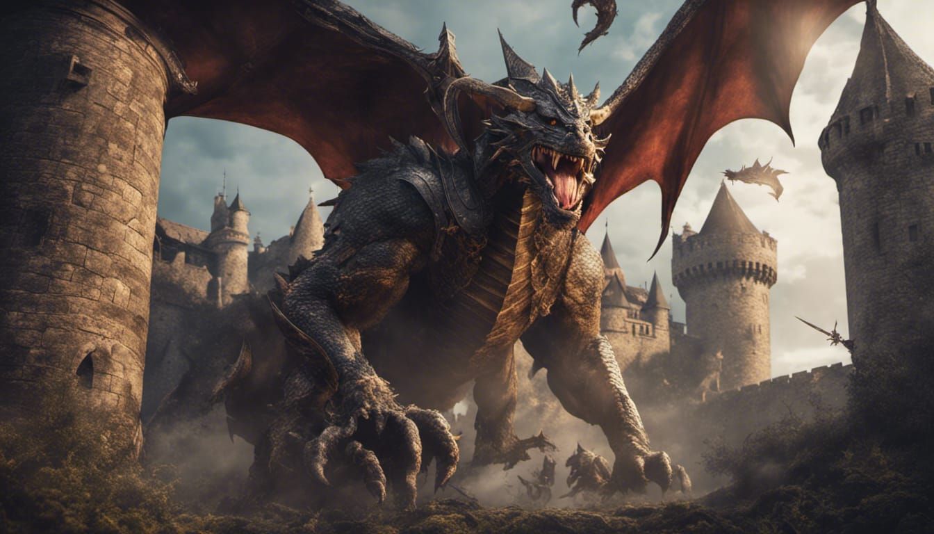 Medieval Warrior Dragon Battle Near Castle