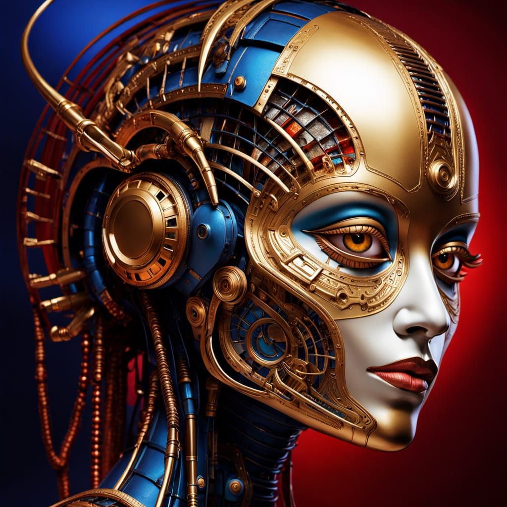 Golden Robot Woman in Surrealist Abstract Cubism Style
