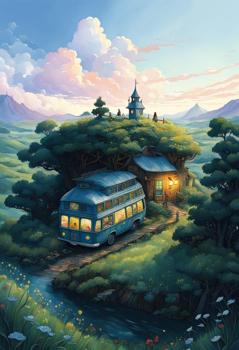 Whimsical Sci-Fi Fantasy Landscape in Studio Ghibli Style