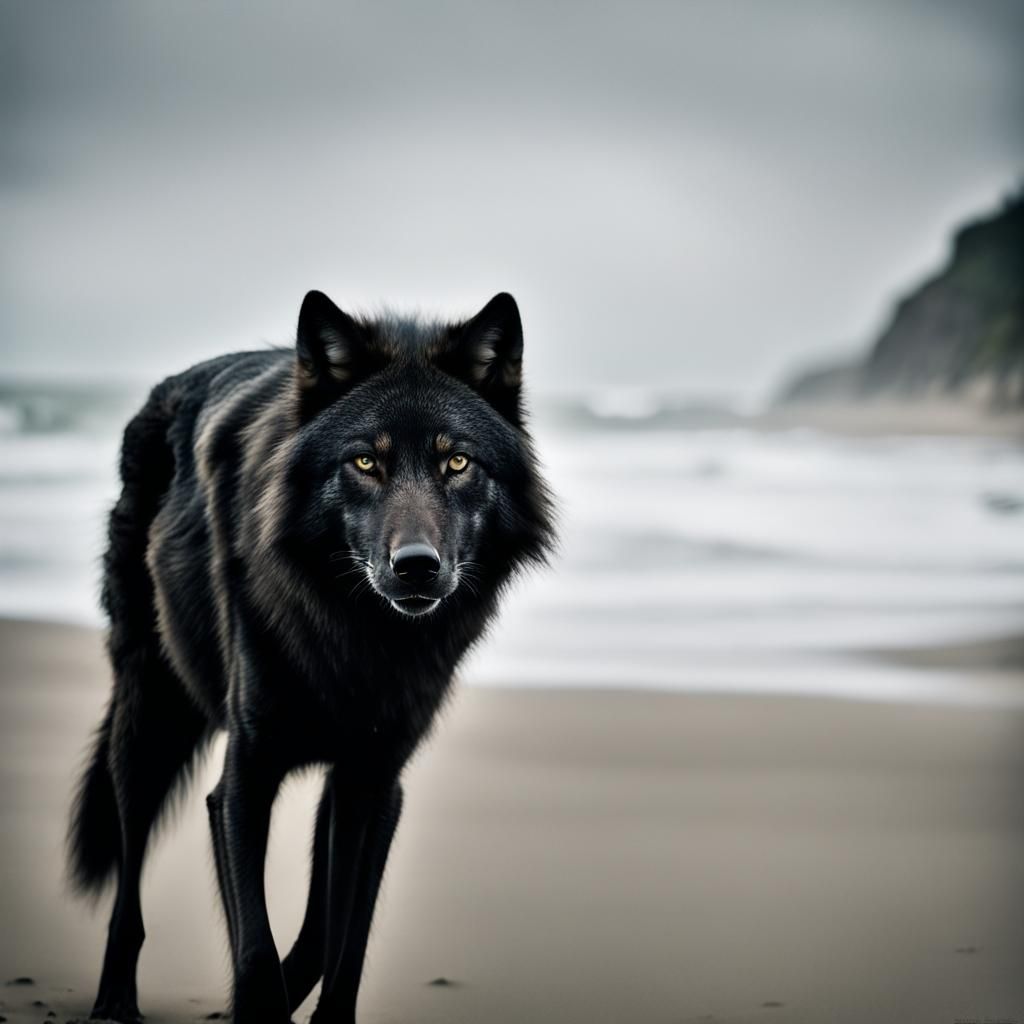 Detailed Black Wolf on Windy Beach