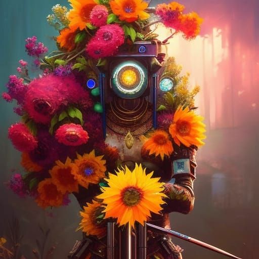 Cyberpunk Samurai in Rococo Floral Arrangement